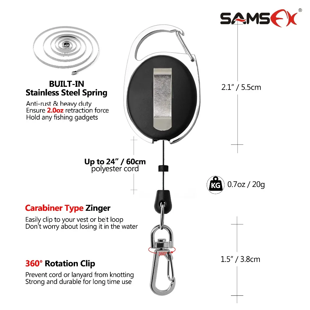 SAMSFX Fishing Clip on Back Zinger Retractor with 360 rotataion clip size detail