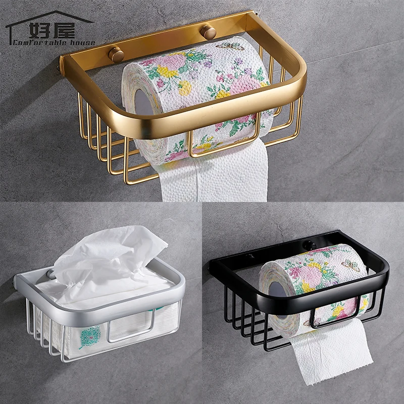 

Modern Space Aluminum Gold Wall Mounted Bathroom Accessories Toilet Paper Holders Black Bathroom WC Basket Tissue Holder