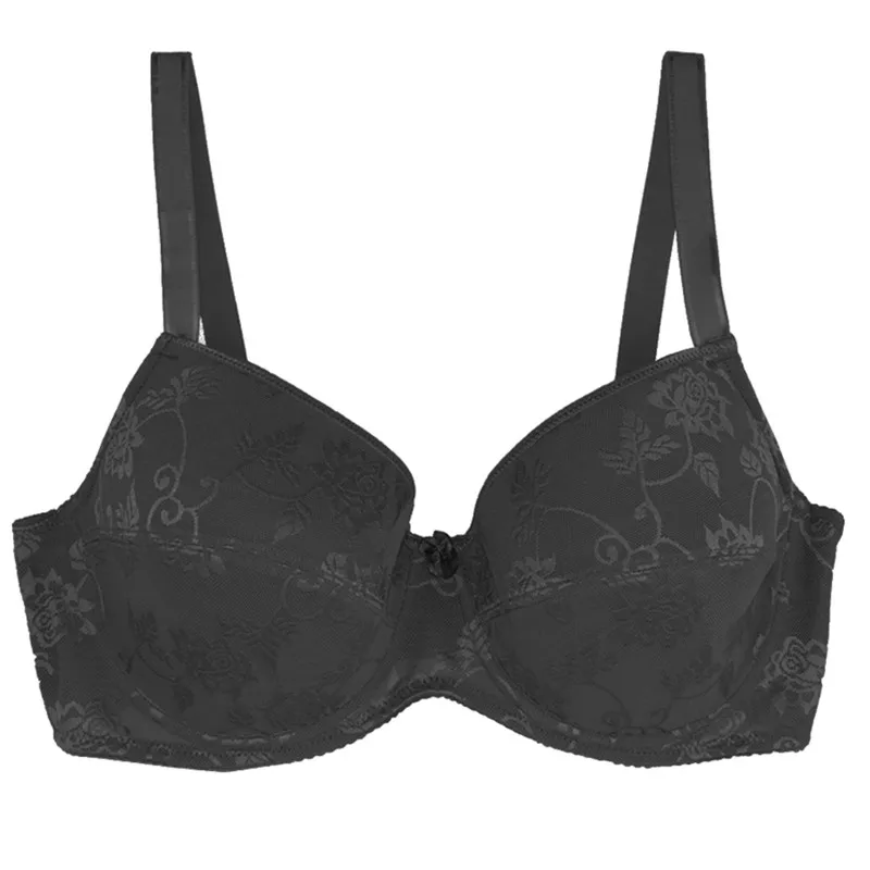 MiaoErSiDai Women Bra Big Size Full Coverage Flower Printing Breathable Underwear Black/Gray #113B