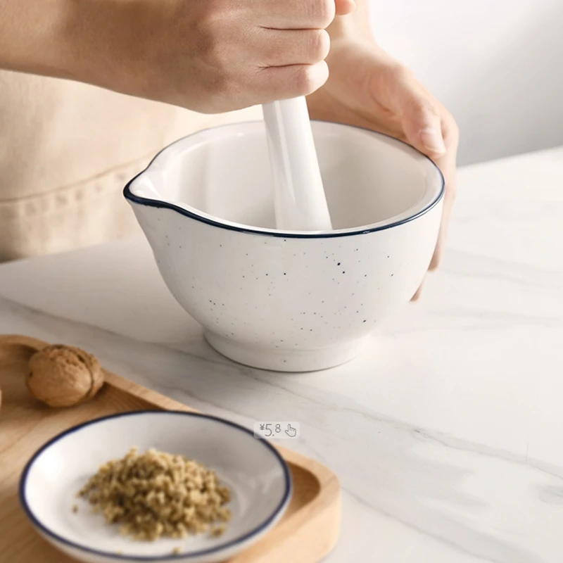 

Blue Edge White Ceramics Mortar And Pestle Set Kitchen Herb Pepper Mill Spice Grinder Manual Garlic Masher Mincer Pugging Pot