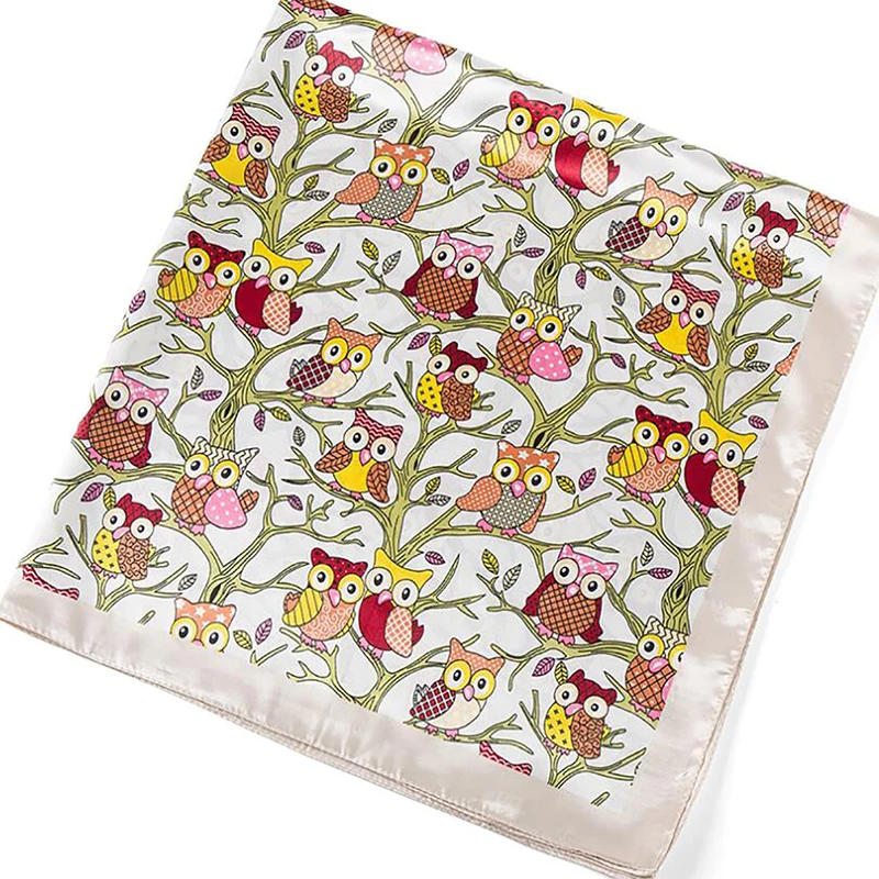 

Women Scarf Luxury Brand Owl Tree Print Hijab Silk Satin Shawls Foulard Square Head Scarves Wraps For Ladies 90x90CM