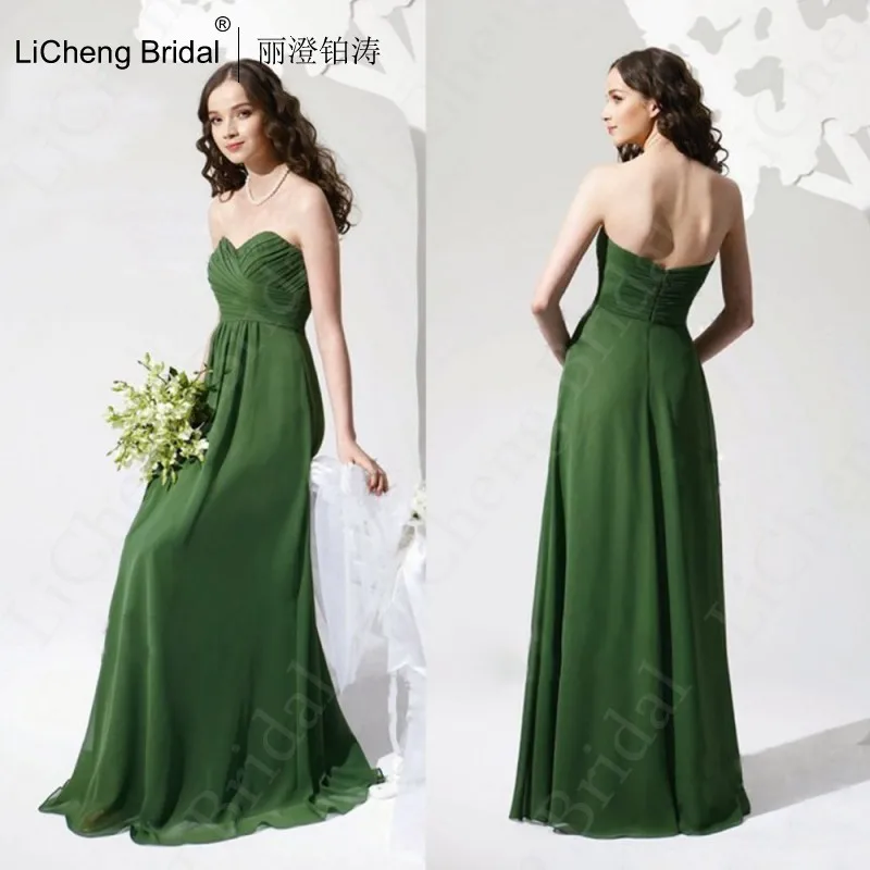 Jade de Damas de Honor Vestidos 2017 de Novia de escote Sin Tirantes del Hombro Plisado Gasa Piso longitud Vestido de Dama de honor|floor length dress|bridesmaid dressesgreen bridesmaid dress -