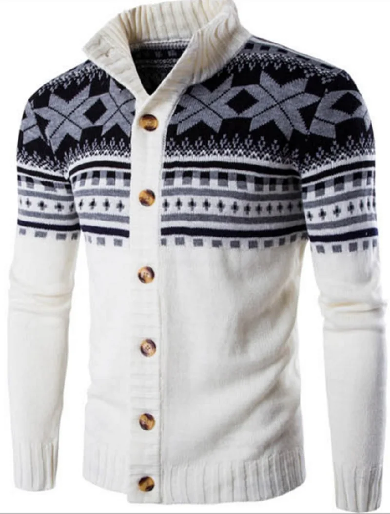 Весна, шикарный уличный стиль, модный мужской кардиган с геометрическим принтом, Повседневный свитер с воротником "Мандарин", вязаный свитер