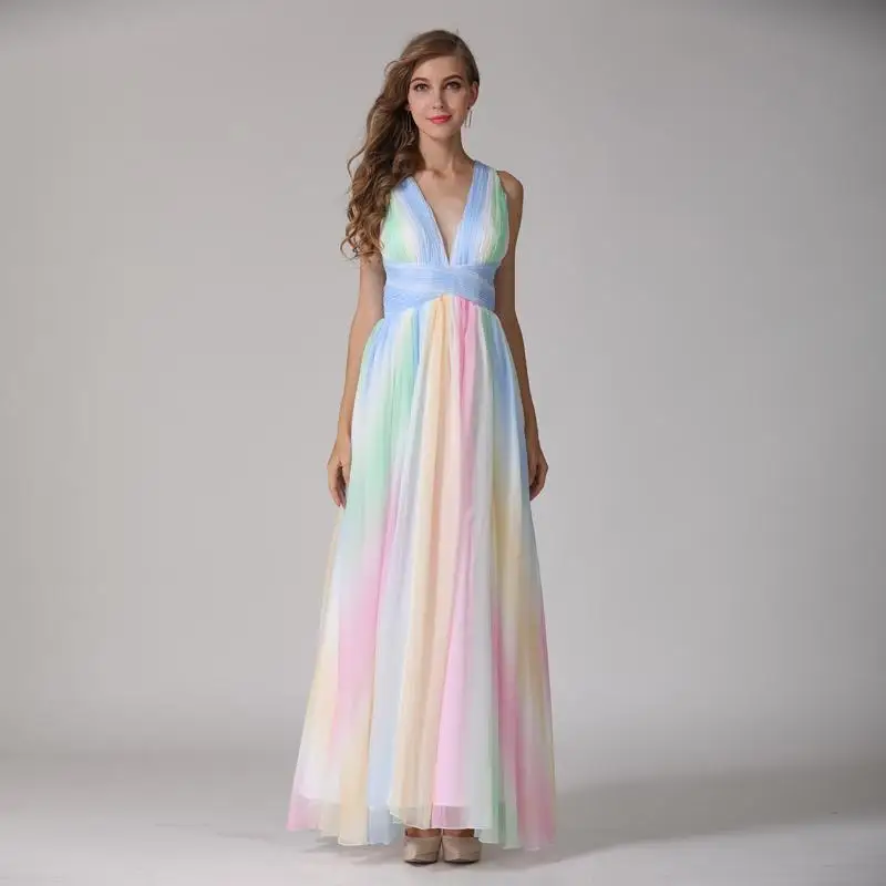 GoodliShowsi, высокое качество, Европейское женское Новое Радужное лоскутное платье без рукавов, сексуальное с v-образным вырезом сзади, с перекрестными лямками, Длинное Платье Макси - Цвет: Многоцветный