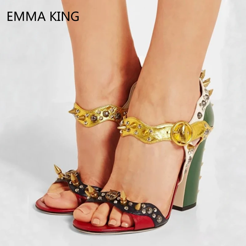 

Punk Style Spiked Heels Women Sandals Green Leather Thick Heels Sexy Rivets Studded Ankle Buckles Strap Party Runway Shoes Woman