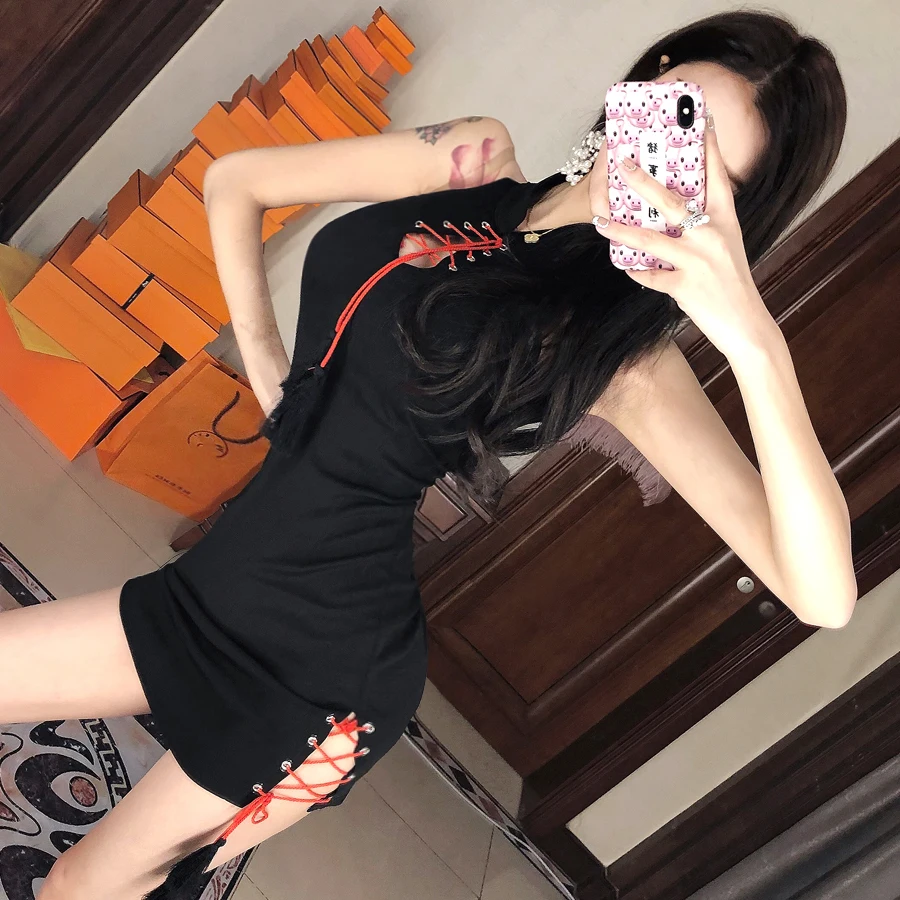 Сексуальное женское летнее платье с вырезами на шнуровке тонкое мини Cheongsam новое