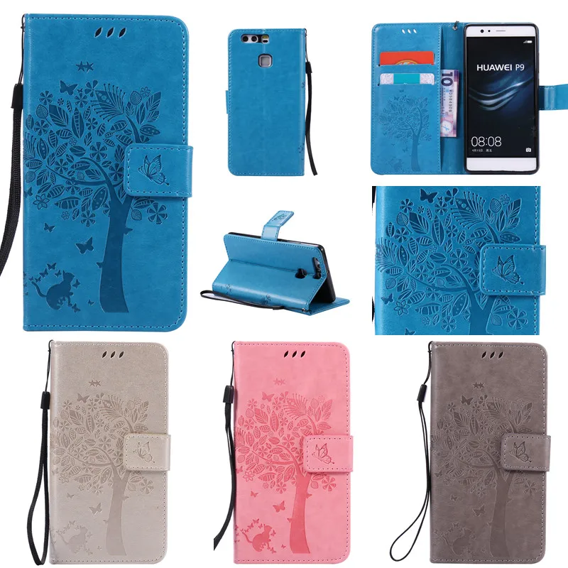 

Luxury Lovely Cute Cartoon Cat Tree Leather Wallet Strap Flip Funda Case For Huawei Ascend P8/ P8 Lite P9/ P9 Lite P9 Plus Cover