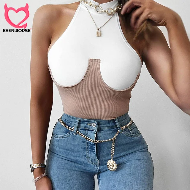 US $9.71 Evenworse 2019 summer bodysuits women O-neck off shoulder sleeveless body slim jumpsuit stitching n