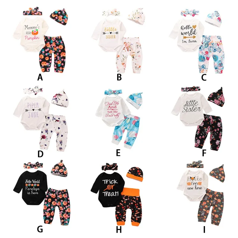 

Newborn Baby Clothes Set 4PCS Baby Rompers +Print Flowers Pants For First My Years Baby Boy Girls Clothes Set