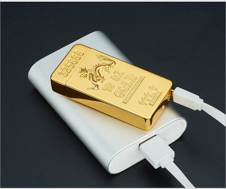 Bullion импульсная двойная дуговая Зажигалка USB Электронная Зажигалка Ветрозащитная грозовая Золотая кирпичная металлическая сигаретная плазма зажигалка