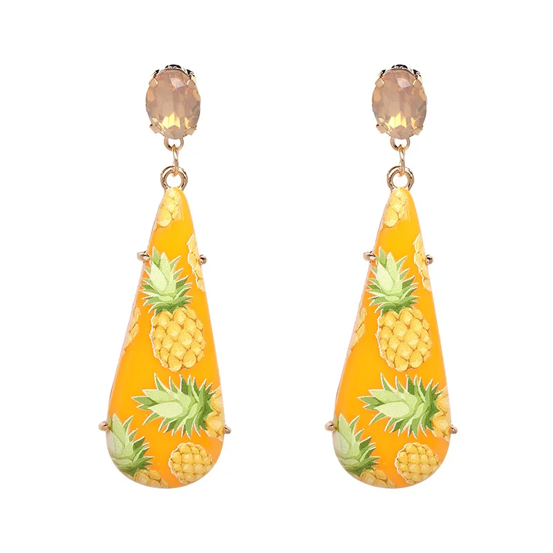 

8Seasons Women Print Fruit Pineapple Water Drop Shaped Earrings Candy Color Resin Vintage Girls Dangle Earrings Size 7.7*2.4cm