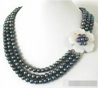 

zj 00037 3 Rows Genuine Black Pearl 18KWGP White Shell Flower Clasp Necklace