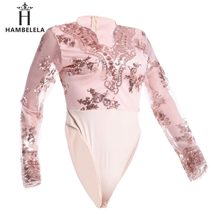 HAMBELELA Long Sleeve Bodysuit Women Gold Sequin Deep V-Neck Skinny Bodycon Jumpsuit Womens Overalls Combinaison Short Femme (10)