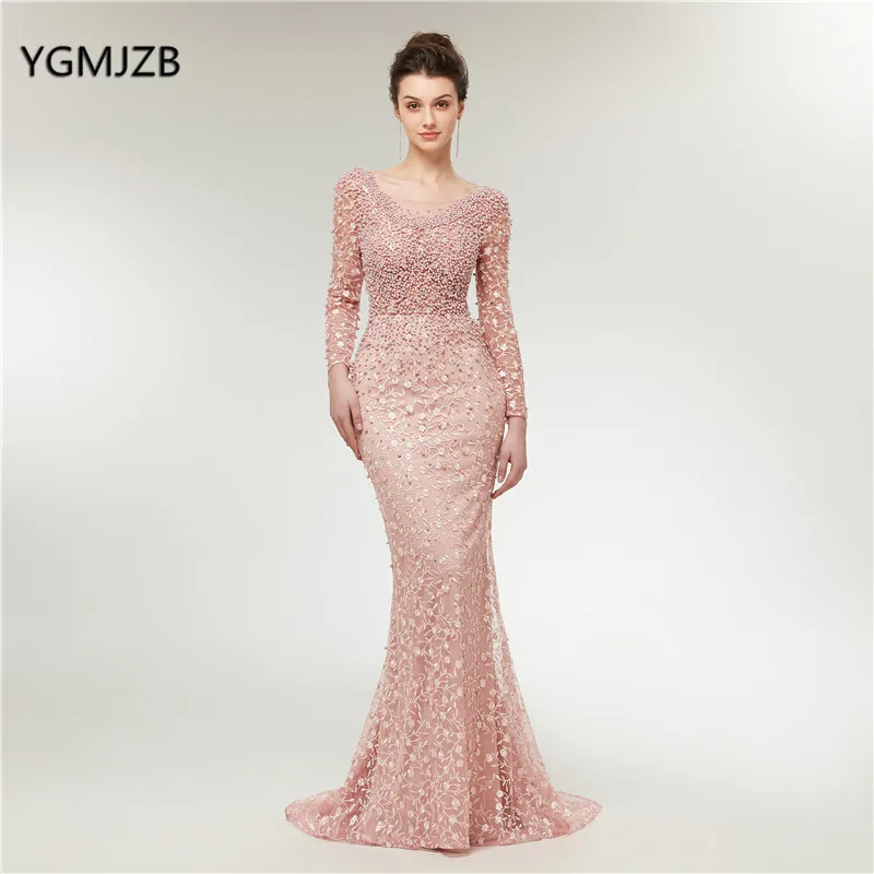 

Abendkleider 2019 Backless Silver Evening Dresses Mermaid Long Sleeves Pearls Lace Embroidery Women Formal Prom Party Gowns
