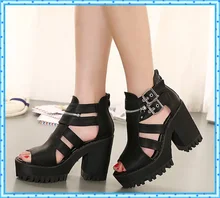 buckle black sandals summer shoes ladies platform shoes woman thick high heels sandals for women punk shoes peep toe pumps C856