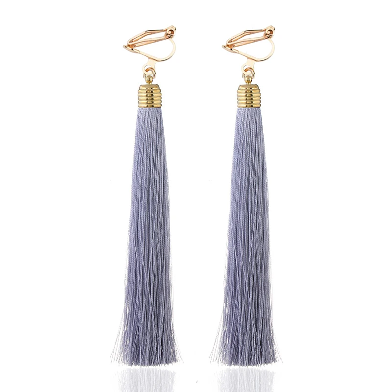 Ear Clip Earrings Tassel Fiber Clip on 12cm&5.1'' Long No Pierced for Women Party Fashion Bohemia Bridal Wedding Anti-allergy