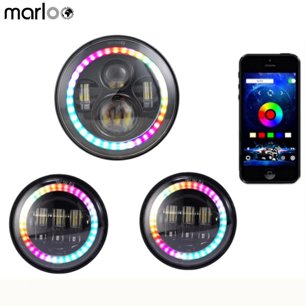 Marloo RGB 7 дюймов светодиодный головной светильник приложение для телефона управление Bluetooth Halo Ring 4,5 дюймов светодиодный противотуманный светильник, набор аксессуаров для мотоциклов
