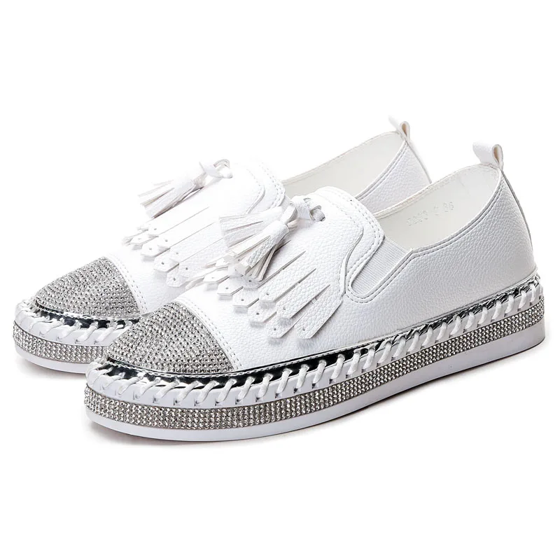 

Rass ple 2019 Rhinestone Tassel Casual Shoes White Creepers Flats Ladies Loafer Espadrilles Platform shoes Zapatos De Mujer