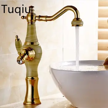 

Free Shipping New Deck mounted brass and Jade faucet Bathroom Basin faucet Mixer Tap Gold Sink Faucet Bath Basin Sink Faucet
