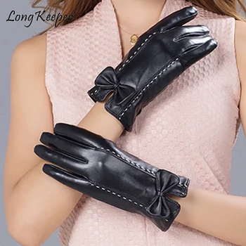 

Long Keeper Lady Winter Gloves Touch Screen Full Finger Leather Gloves Warm Bow Guantes for Women Evening Ladies guantes mujer