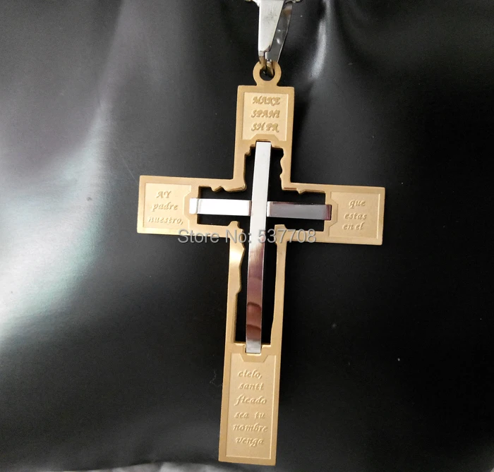 AMORUI Men's Stainless Steel Jesus Cross Statement Pendant Necklace Jewelry Gold +Silver Pray Words Necklaces Pendants for Women