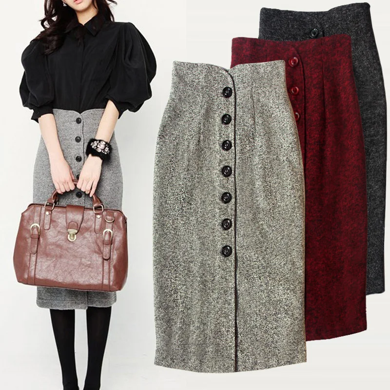 

Woman Spring Solid Empire Knee-length 30% Wool Skirts Female Fall Oversized Single-breasted Skirt Lady Split The Fork Skirts