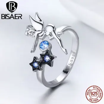 

BISAER 100% 925 Sterling Silver Fairy Legend Sparkling Star Adjustable Figure Female Ring for Women Silver Jewelry Anel ECR349