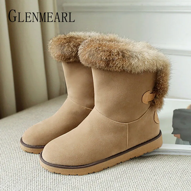 

Winter Snow Boots Woman Slip On Real Rabbit Fur Shoes Warm Platform Fashion Women Ankle Boots Round Toe Plush Plus Size Black DE