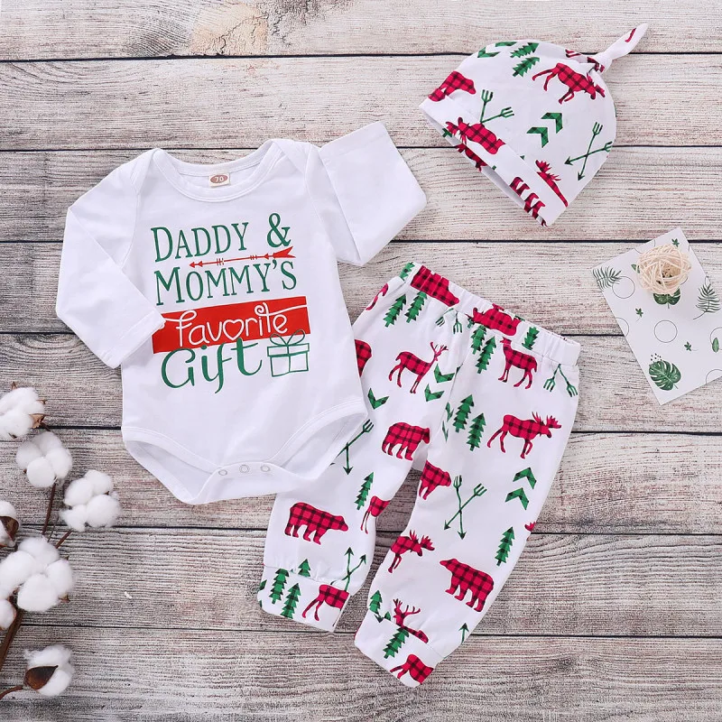 

3Pcs Newborn Baby Boys Girls 100%Cotton Clothes Set Autumn Long Sleeve Blouse Tops Romper+Reindeer Pants Baby Outfits Clothes