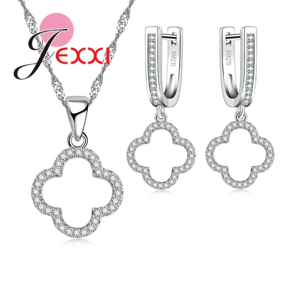 

JEXXI Women Clover Pendant Necklace Earrings Sets For Party Accessory 925 Sterling Silver Rhinestone Bridal Wedding Jewelry Set
