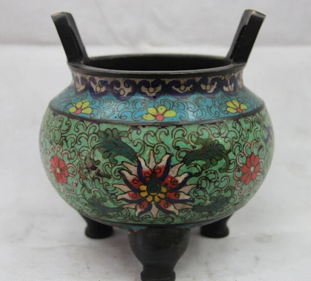 

song voge gem S1342 Chinese Bronze Copper Cloisonne Flower Two Ear 3 Feet Ding Incense Burner Censer