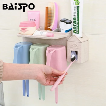 

BAISPO Fashion Automatic Toothpaste Dispenser +Toothbrush Holder Set Bathroom Set Wall Mount Rack Bath Oral With 3 Wash Cup