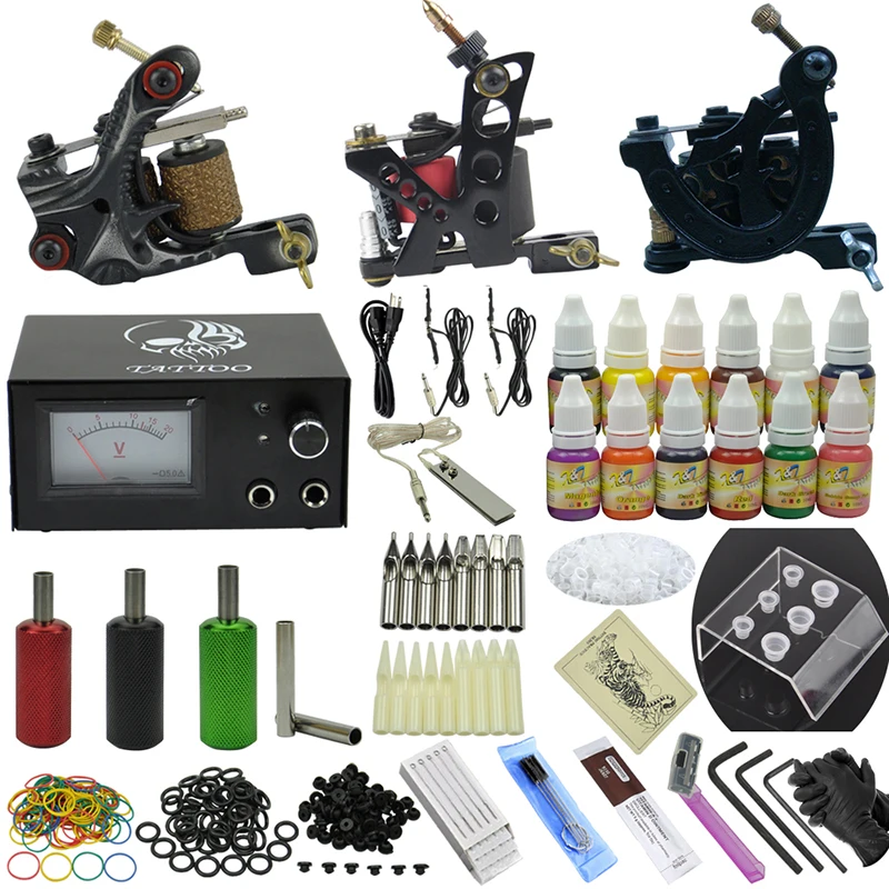 

OPHIR 351pcs/set Tattoo Kit 3 Tattoo Machine Guns & 12 Color Tattoo Inks Pigment & Needles/ Nozzles Sets Body Tattoo Art _TA081