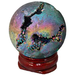 TUMBEELLUWA Радуга аура Титан покрытием Druzy Агат Geode сфера шар divination рейки исцеляющая фигурка с деревянной подставкой