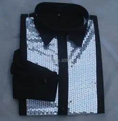 Новинка 2015 черный с ленты Блёстки с длинными рукавами Для мужчин рубашка Свадебные/Пром Жених Рубашки для мальчиков одежда жених человек
