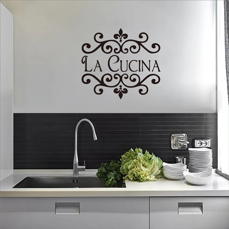 La Cucina Kitchen Wall Sticker Italian Home Kitchen Quote Wall Decor Flower Kitchen Cut Vinyl Waterproof Decor Wall Art Mural