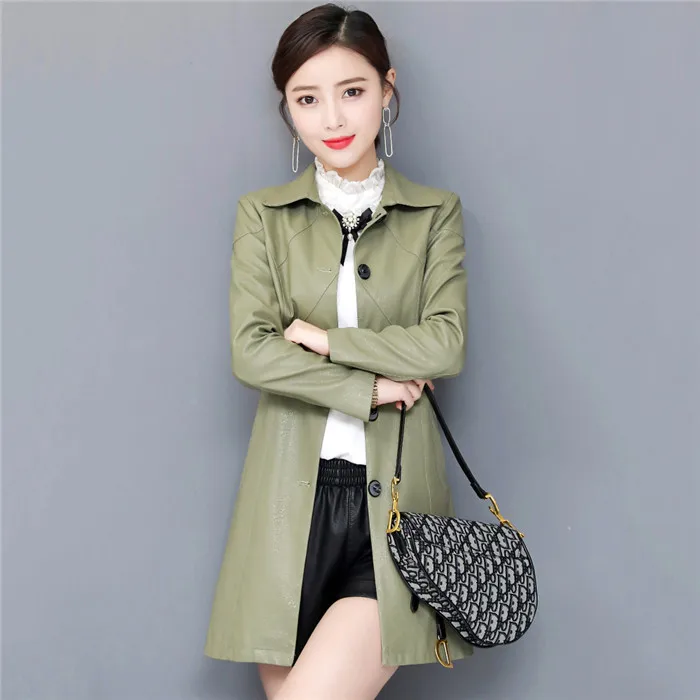 Пальто из натуральной кожи большого размера, Женская куртка средней длины, весна, приталенная куртка с квадратным воротником для похудения, женская верхняя одежда TTT150 - Цвет: Pea green