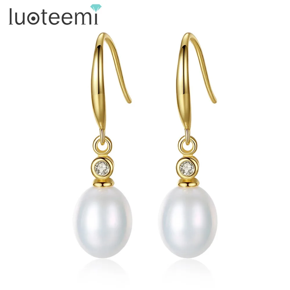 

LUOTEEMI New Fashion Long Waterdrop Hook Sterling Silver Natural Pearl Drop Earrings Shining Crystal Brincos Ear Accessories