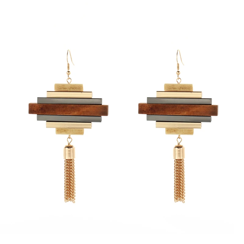 

SRCOI Simple Ethnic Wooden Geometric Tassel Dangle Earrings Vintage Boho Long Statement Earrings Women Europe Bohemia Jewelry