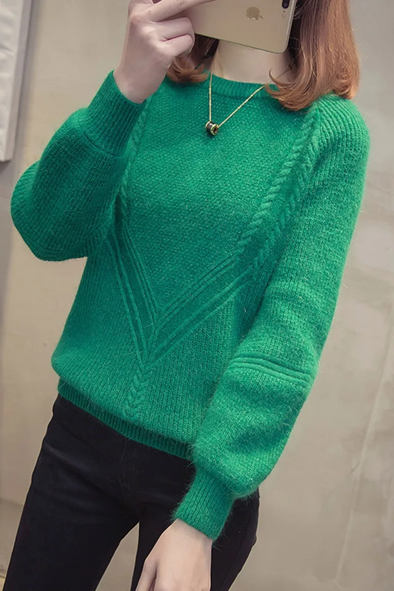 Вязаный женский свитер на осень и зиму, большие размеры, яркие цвета пуловеры, женские свитера с коротким рукавом-фонариком, джемпер 2190