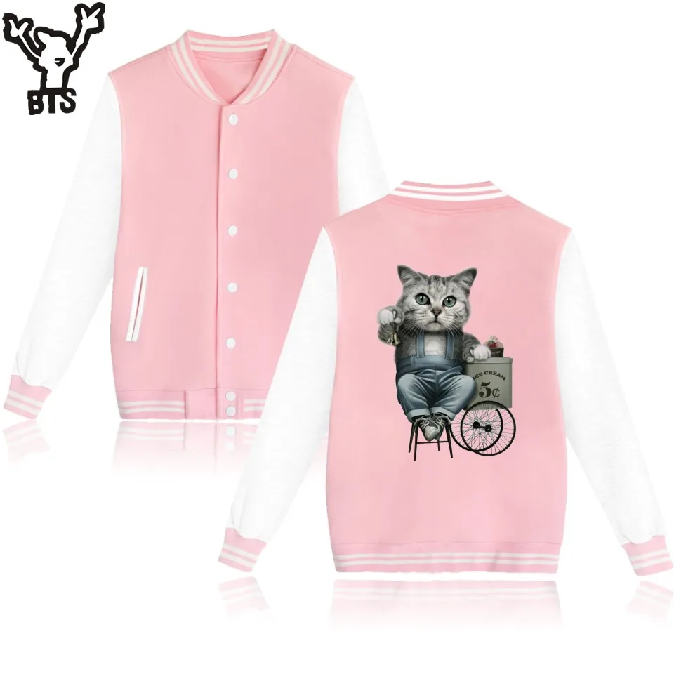 Kpop Cat Baseball Jacket Kawaii Cat Printed Winter Jacket Women Pink