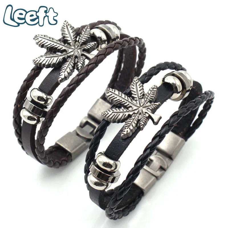Cannabis Leaves Multilayer Bracelet Bangle For Men Leather Handmade