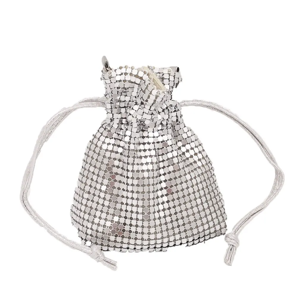 Серебристая металлическая атласная вечерняя сумка клатч, украшенный бисером Мини-счастливая Сумка Дизайнерские алюминиевые ведро вечерняя сумка s Детский кошелек для монет