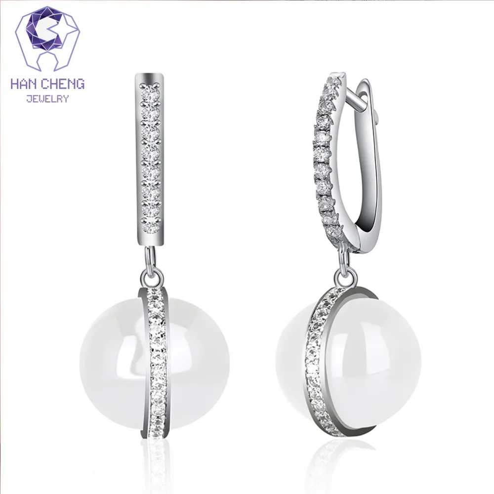 

HanCheng New Fashion Luxury Round Ball Dangle Hanging Zircon Silver Ceramic Long Drop Earrings For Women Jewelry brincos bijoux