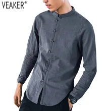 Новинка осени, Мужская однотонная льняная рубашка в китайском стиле с воротником-стойкой, Мужская облегающая льняная рубашка с длинным рукавом размера плюс M-5XL