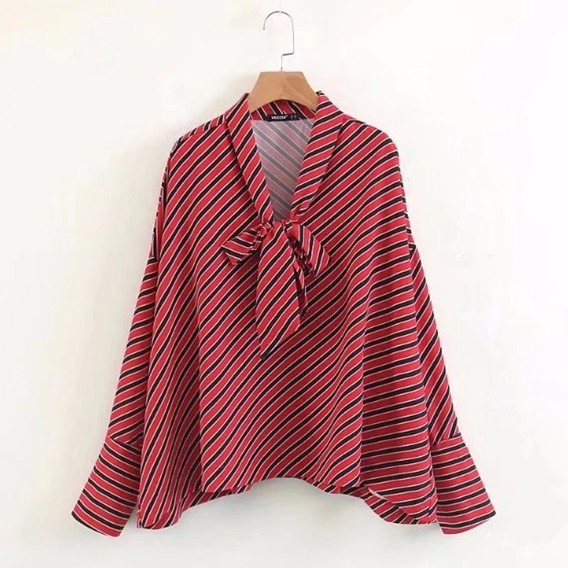

Women Fashion high street bowknot stripe sweet Shirts smock Blouses long sleeve Tops chemise femme blusa LS1796