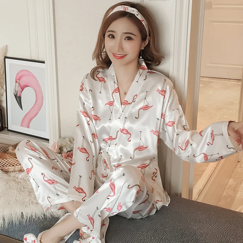 Шелковая пижама с фламинго, пижама-кимоно, наборы для женщин, осень, пижама с длинным рукавом, пижама с животными, домашняя одежда, домашняя одежда