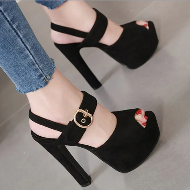 

Fashion Women Ankle Strap Sandals Casual Flock Buckle Strap Thin Heels 15CM Open Toed High Heels Women Sandals Discount Pumps