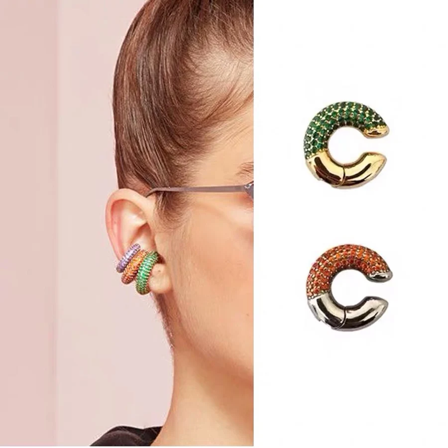 

2019 Top Hot Sale Fashion C Shape Clip Earrings For Women Luxury Brand Full Green White Black Blue Orange Zircon Jewelry Punk