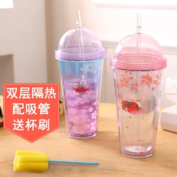 

Straw plastic cup cute female student double insulated with transparent portable milk tea juice cup